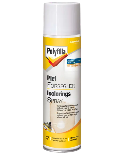 Polyfilla pletforsegler isoleringsspray på dåse med hvid kapsel og gul etiket til at forsegle og dække pletter på vægge og lofter.
