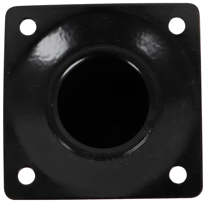Sort metal firkantet flange med centralt rundt hul og fire skruehuller i hjørnerne. Velegnet til montering eller støtte af rør eller stænger. Blank overflade.