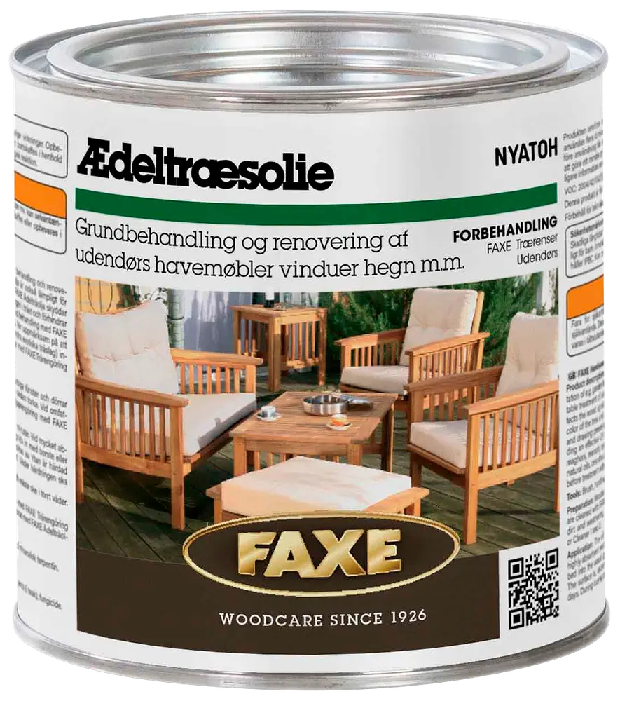 Faxe Nyatoh ædeltræsolie til udendørs havemøbler, vinduer og hegn. Metal dåse med produktinformation, billede af træmøbler, egnet til grundbehandling og renovering. 1 liter.