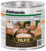 Faxe Nyatoh ædeltræsolie til udendørs havemøbler, vinduer og hegn. Metal dåse med produktinformation, billede af træmøbler, egnet til grundbehandling og renovering. 1 liter.