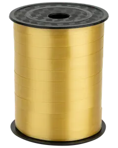 Stor rulle glansigt guld snöre med svart plastkärna, perfekt för presentinslagning, pyssel och dekorationer. Bandet är slätt, platt och tätt lindat.