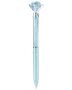 Lyseblå pen med diamantformet krystal-top, gennemsigtig cylinder fyldt med blå glimmer og glat metallisk finish.
