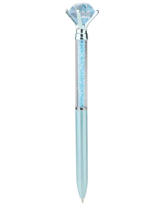 Lyseblå pen med diamantformet krystal-top, gennemsigtig cylinder fyldt med blå glimmer og glat metallisk finish.
