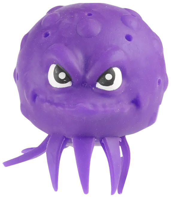 Lila gummi-bläckfisk hundleksak med texturerad yta, tecknade arga ögon och åtta flexibla armar. Hållbar och klämbar för lek och tugg.