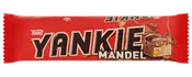 Rød Toms Yankie Mandel chokoladebarpakning med stort logo og mandelstykker.