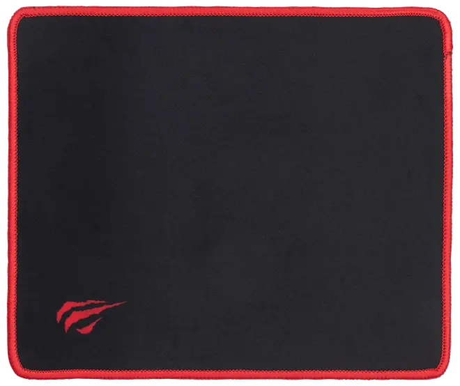 Sort rektangulær musemåtte med røde syede kanter og et rødt klo-mærke logo i det ene hjørne. Glat overflade, ideel til gaming eller kontorbrug.