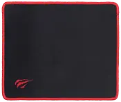Sort rektangulær musemåtte med røde syede kanter og et rødt klo-mærke logo i det ene hjørne. Glat overflade, ideel til gaming eller kontorbrug.