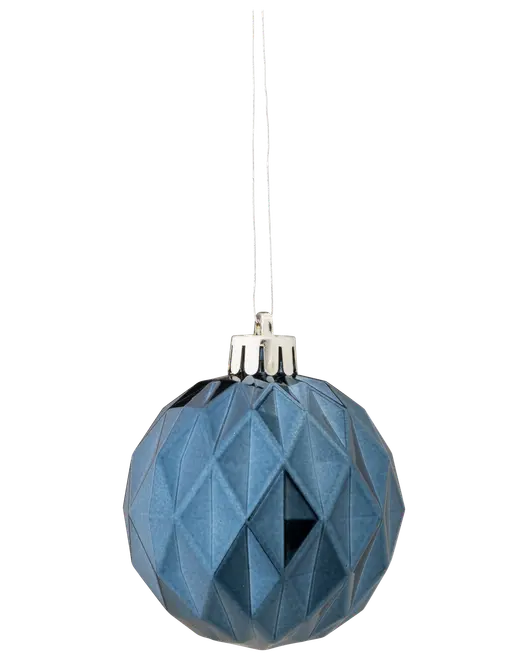 Blå julekugle med geometrisk diamantmønster, blank overflade og sølvfarvet top. Leveres med sølvfarvet snor til ophængning på juletræ eller dekoration.