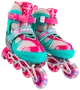 Børne inliners i pink og turkis med mesh-paneler, justerbare stropper og lysende hjul. Robust plaststel og komfortabel polstring for støtte og sikkerhed.