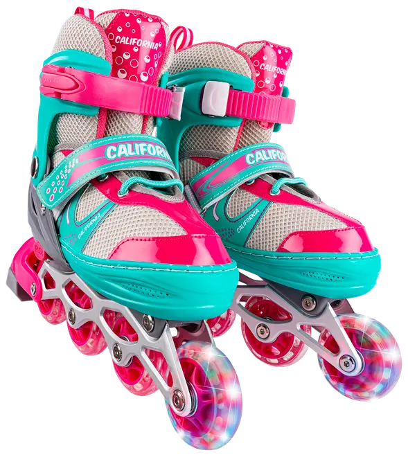Børne inliners i pink og turkis med mesh-paneler, justerbare stropper og lysende hjul. Robust plaststel og komfortabel polstring for støtte og sikkerhed.