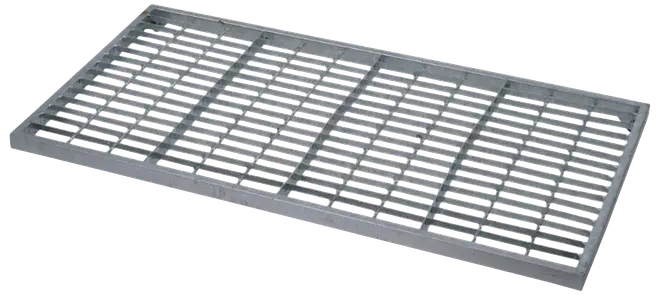 Rektangulært metalgulvgitter med flere rækker aflange åbninger til dræning. Holdbart, korrosionsbestandigt, egnet til industrielt eller kommercielt brug på gangarealer eller afløbssystemer.