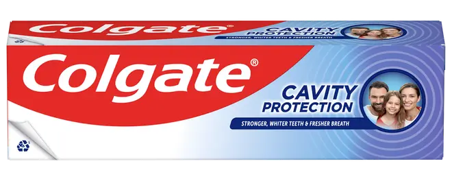 Colgate Cavity Protection tandpastaæske, rød og blå design, stort Colgate-logo, lover stærkere, hvidere tænder og friskere ånde, genbrugssymbol, 170 g, til daglig mundpleje.