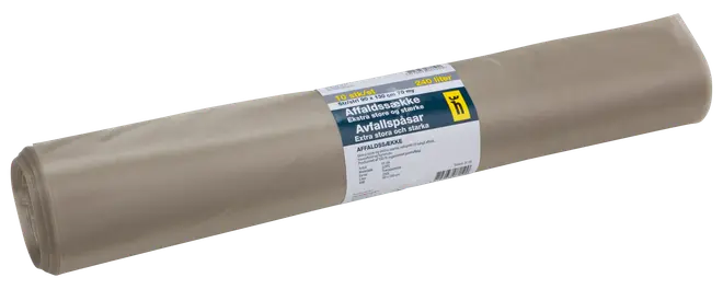 Rulle med store, ekstra stærke beige affaldsposer, 240 liters kapacitet, tæt rullet med etiket, der angiver størrelse og styrke, velegnet til tungt affald.