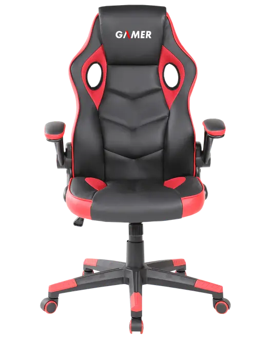 Svart och röd ergonomisk gamingstol med justerbara armstöd, hög rygg, nackstöd och svankstöd. Stoppad sits och femhjulig bas för enkel förflyttning.