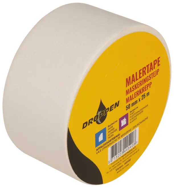 Malerrulle med maskeringstape, 50 mm bred og 25 m lang, hvid overflade og gul etiket. Velegnet til malerarbejde og maskering.