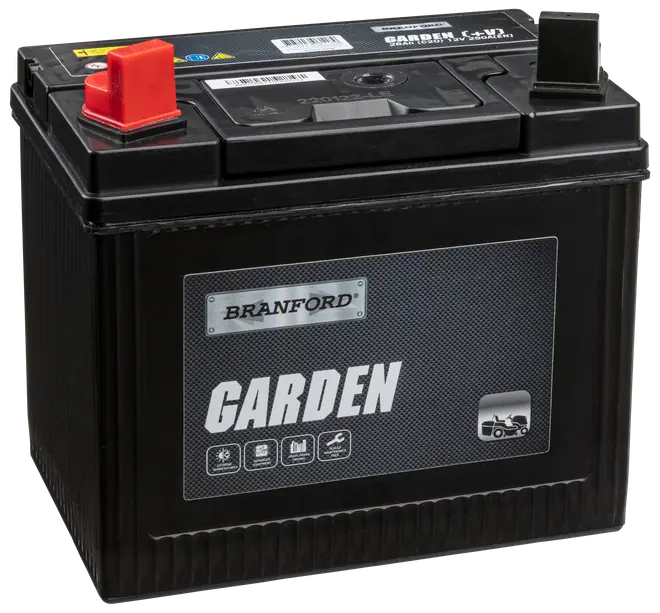 Sort Branford Garden-batteri til havetraktorer med robust plastkabinet, tydeligt mærkede poler og synligt logo. Velegnet til udendørs maskiner med behov for pålidelig startkraft.