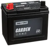 Sort Branford Garden-batteri til havetraktorer med robust plastkabinet, tydeligt mærkede poler og synligt logo. Velegnet til udendørs maskiner med behov for pålidelig startkraft.