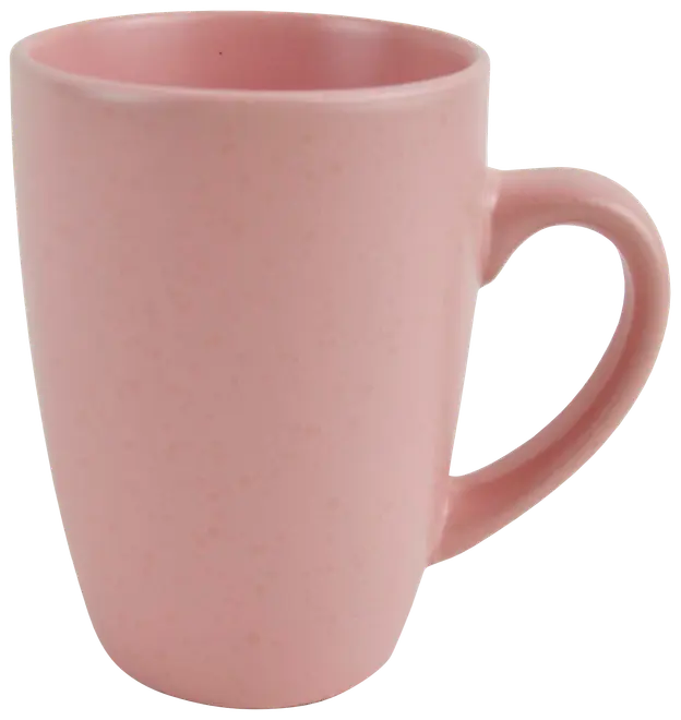 Lyserød keramikkop med mat finish, rund form og stort buet håndtag. Perfekt til varme drikke som kaffe eller te. Enkel, moderne stil til daglig brug.