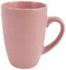 Lys blå keramikkop med stort håndtag, mat finish og sorte prikker over hele overfladen. Høj, cylindrisk form, ideel til varme drikke som kaffe eller te.