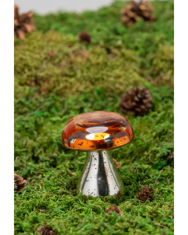 Dekorativ svampfigur med blankt silverfärgat metallstjälk och genomskinlig bärnstensfärgad hartshatt med små inneslutningar. Perfekt som inredningsdetalj eller lekfull accent.