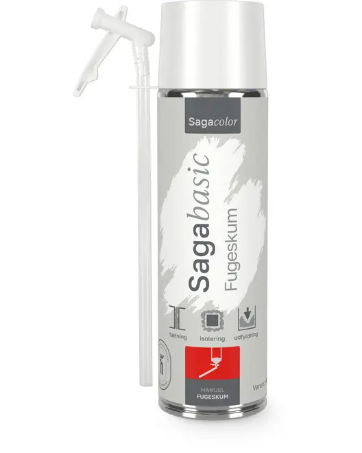 Sagabasic Fugeskum dåse med påsat applikationsrør, bruges til tætning, isolering og udfyldning af huller. Sølv og hvid dåse med tydelig mærkning og ikoner.