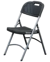 Sort klapstol med plastiksæde og ryglæn, metalstel og indbygget bærehåndtag på ryggen. Letvægtsdesign, velegnet til både indendørs og udendørs brug.