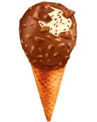 Isvaffel med sprød vaffel, vaniljeis overtrukket med chokolade og nødder samt chokoladestykker på toppen. Perfekt som en sød snack.