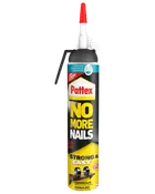 Pattex No More Nails stærk limpatron med rød dyse, sort og gul etikette samt påmonteret applikatorspids.