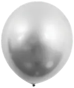Stor, rund ballon i metallic sølv latex med glat, skinnende overflade. Perfekt til fester, events eller dekoration. Ballonen er uden tryk og har almindelig knude.