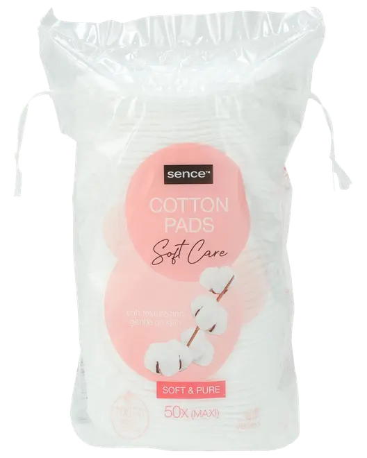 Förpackning med 50 Sence Soft Care bomullsrondeller, maxi storlek. Mjuk textur, passar känslig hud. Levereras i genomskinlig plastpåse med dragsko.