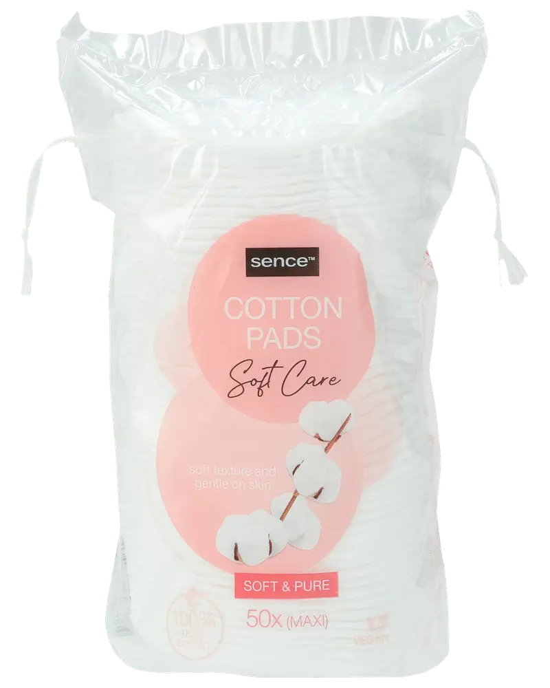 Pakke med 50 Sence Soft Care vatrondeller, maxi størrelse. Blød tekstur, velegnet til skånsom hudpleje. Leveres i klar plastpose med snørelukning.