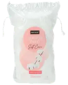 Förpackning med 50 Sence Soft Care bomullsrondeller, maxi storlek. Mjuk textur, passar känslig hud. Levereras i genomskinlig plastpåse med dragsko.