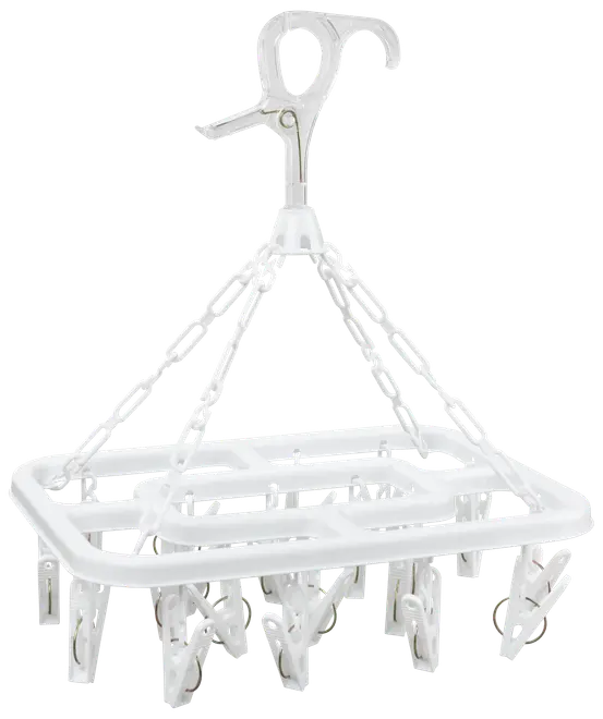 Hvid plastik tørrestativ med rektangulær ramme, flere fastgjorte klemmer og drejelig krog til ophæng. Perfekt til sokker, undertøj eller små vasketøjsdele.