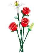 LEGO-lignende blomsterbuket med tre røde roser, en hvid blomst samt grønne stilke og blade.