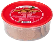 Rund plastbøtte med rød låg indeholder brunkager. Gennemsigtige sider viser stablede småkager. Festligt mærkat med kristtorn og produktinformation på toppen.
