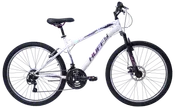 Hvid og lilla mountainbike med frontaffjedring, 18-gears system, kraftige dæk og justerbart sæde. Velegnet til terrænkørsel. Mærket 'Huffy' på stellet.