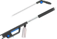 Teleskopisk vinduesrensningsværktøj med justerbart håndtag, indbygget sprayflaske, skumgreb og blå detaljer. Ideel til nem og effektiv rengøring af vinduer og glasflader.