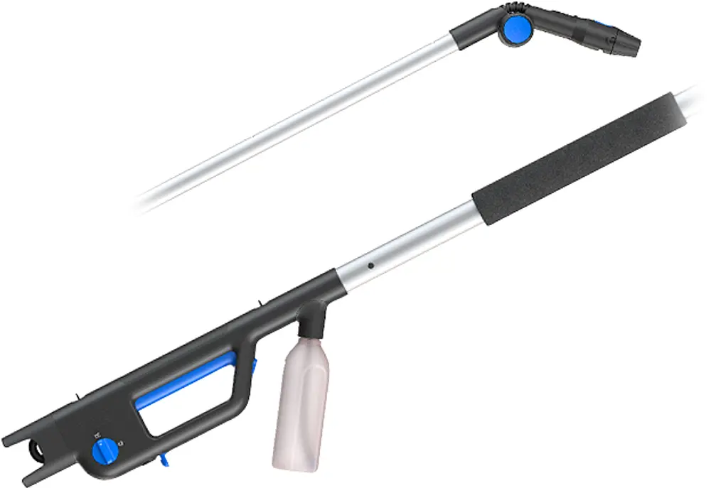Teleskopisk vinduesrensningsværktøj med justerbart håndtag, indbygget sprayflaske, skumgreb og blå detaljer. Ideel til nem og effektiv rengøring af vinduer og glasflader.