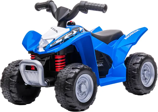 Blå plastik ATV-legetøj til børn, med fire store terrængående hjul, sort sæde, realistisk styr, frontkofanger og Honda-logo med TRX-grafik. Velegnet til udendørs leg.
