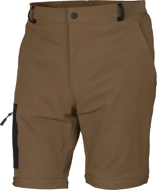 Brune lette outdoorshorts med elastisk talje, trykknaplukning, lynlåslomme i siden og sorte detaljer.