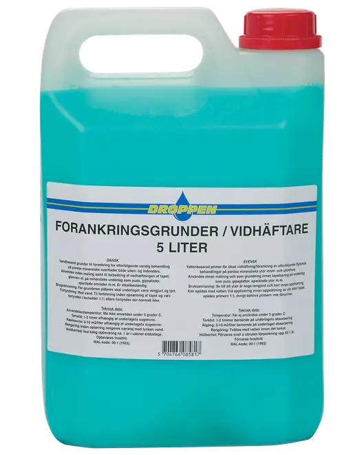 5-liters dunk med vandbaseret forankringsgrunder, blå væske, rød skruelåg og bærehåndtag, mærkat på dansk og svensk, bruges til forbehandling før maling eller behandling.