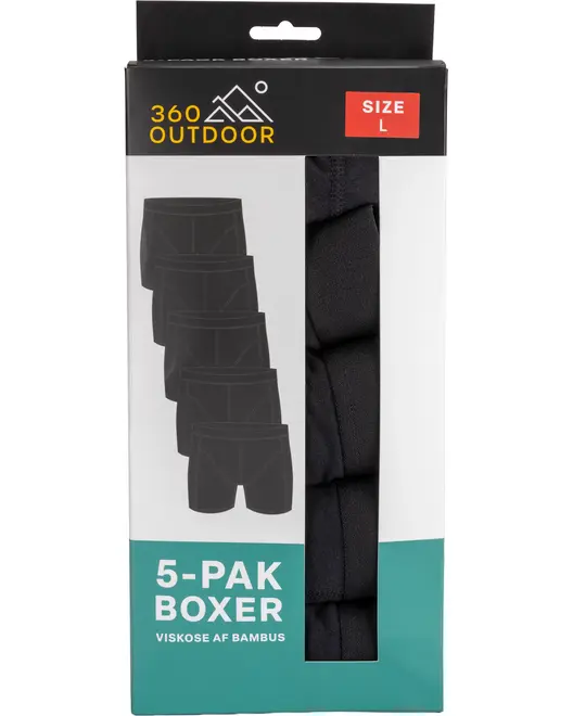 Fem-pak sorte boxershorts i bambusviskose, størrelse large, fra 360 Outdoor. Æsken har vindue, der viser de foldede boxershorts. Blødt og åndbart materiale.