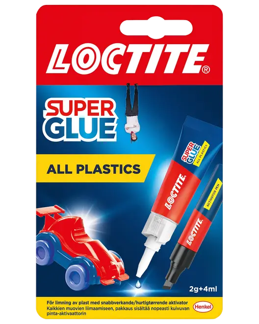 Loctite Super Glue All Plastics sæt med 2g lim og 4ml aktivatorpen, specielt til hurtig og stærk limning af alle typer plastmaterialer.