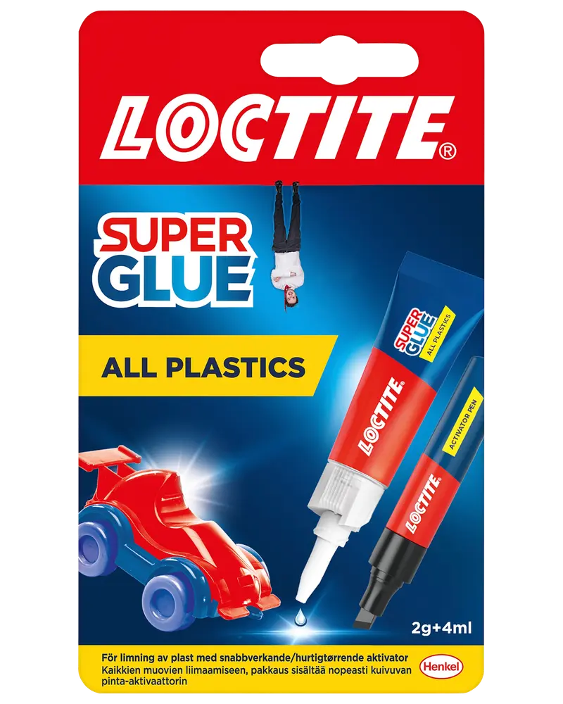 Loctite Super Glue All Plastics sæt med 2g lim og 4ml aktivatorpen, specielt til hurtig og stærk limning af alle typer plastmaterialer.