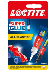 Loctite Super Glue All Plastics sæt med 2g lim og 4ml aktivatorpen, specielt til hurtig og stærk limning af alle typer plastmaterialer.
