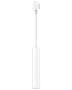 Hvid cylindrisk pendelspot med lang justerbar ledning og loftmontering, i et slankt minimalistisk design.