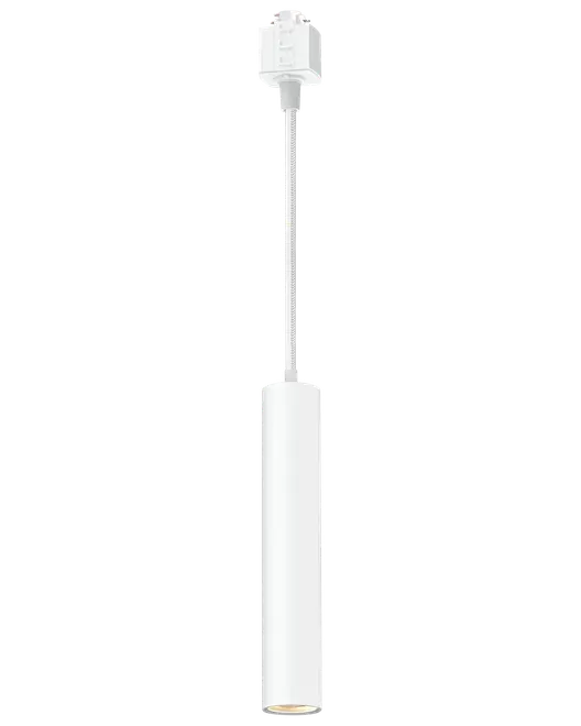 Hvid cylindrisk pendelspot med lang justerbar ledning og loftmontering, i et slankt minimalistisk design.