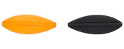 To ovale, fodboldformede dele i gummi eller plast, én orange og én sort, med hævet midtersøm og glat mat overflade.