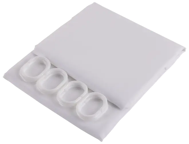 Hvidt bruseforhængssæt med foldet stofgardin og fire ovale plastikringe til ophængning. Enkelt, minimalistisk design, der passer til de fleste badeværelser. Nem at montere og vedligeholde.