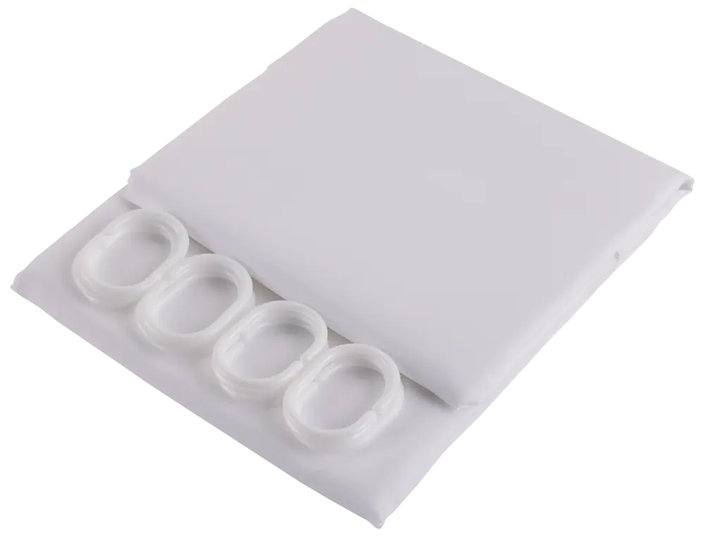 Vitt duschdraperiset med vikt tygdraperi och fyra ovala plastringar för upphängning. Enkelt, minimalistiskt design som passar de flesta badrum. Lätt att montera och underhålla.